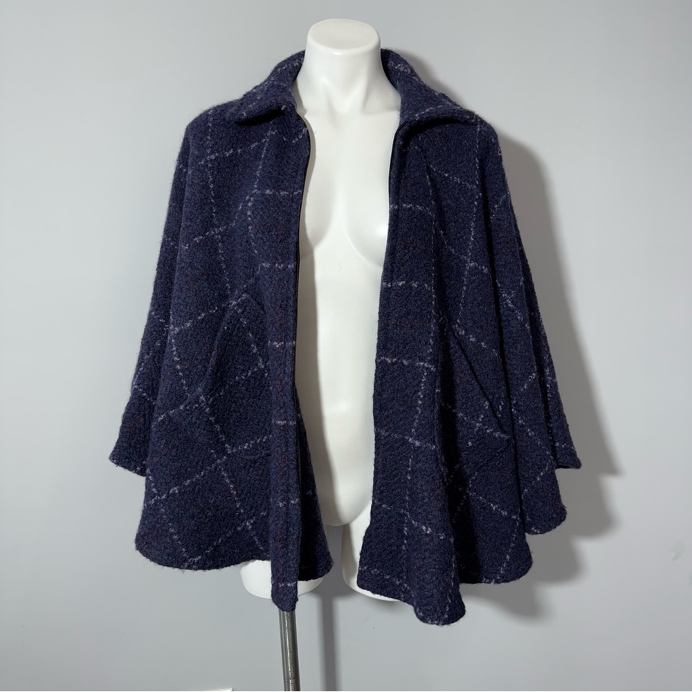 John Branigan Weavers Ireland Poncho Cape Jacket Blue Plaid Wool Tweed Boucle OS - Picture 8 of 16